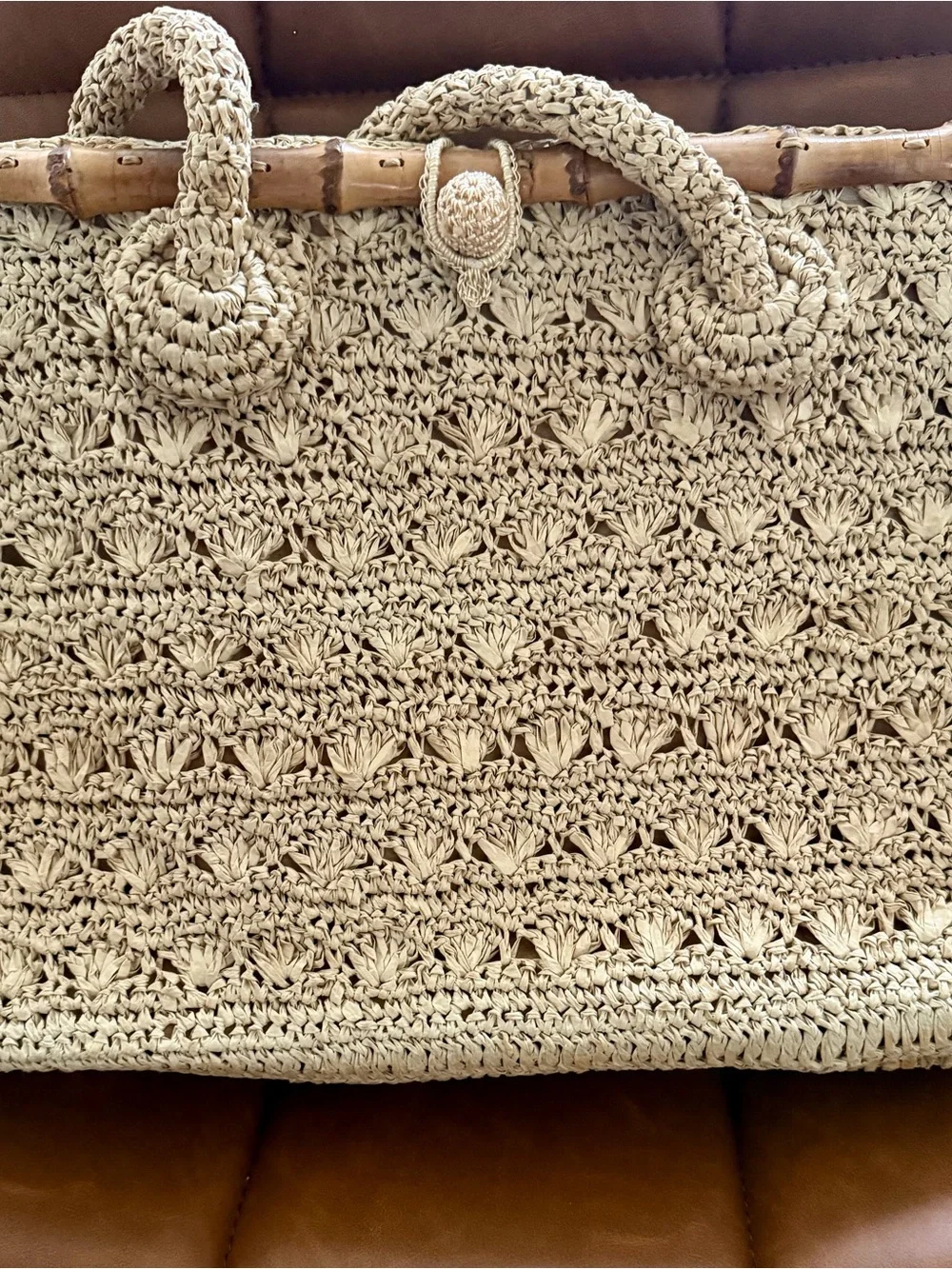 Handcrafted Cream Crochet Shoulder Bag with Bamboo Handle